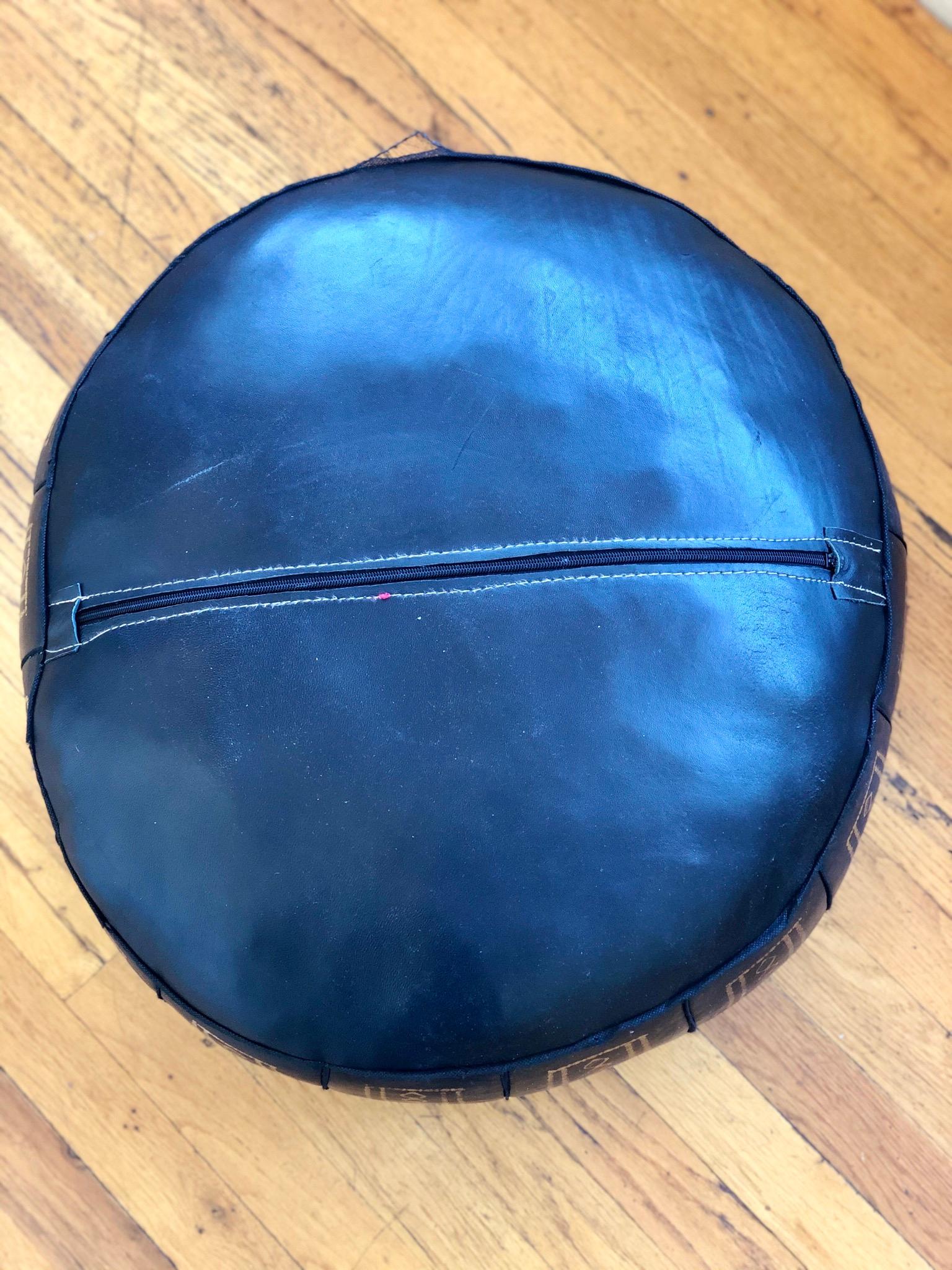 Hollywood Regency Black Soft Leather Moroccan Pouf Ottoman with Gold Motifs