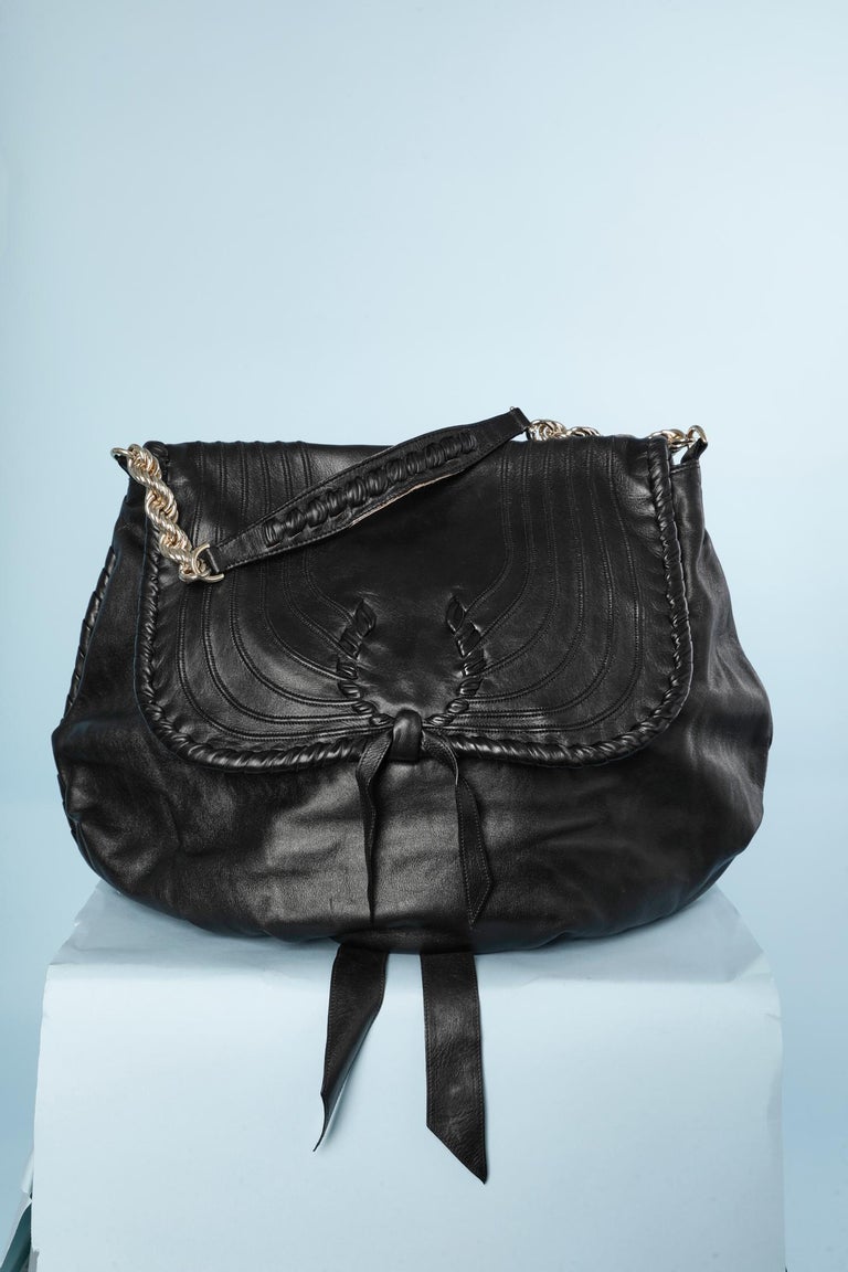 Large Leather Shoulder Bag with Top Stitching