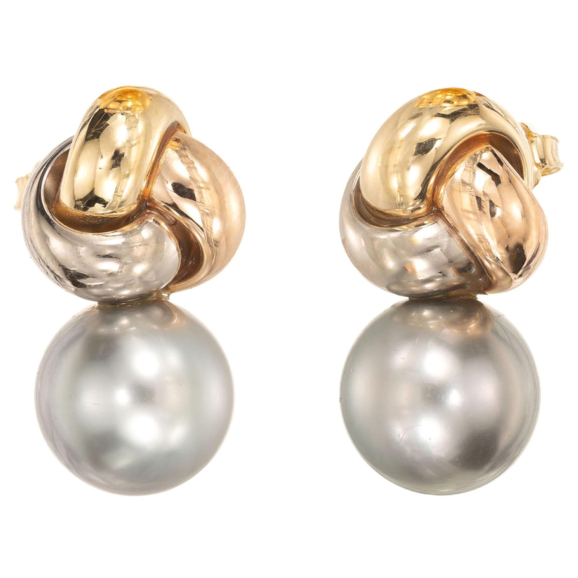 Black South Sea Cultured Pearl Tri-Color Gold Knot Earrings For Sale