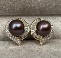 Black South Sea Pearl and Diamond Earrings in 18k Yellow Gold