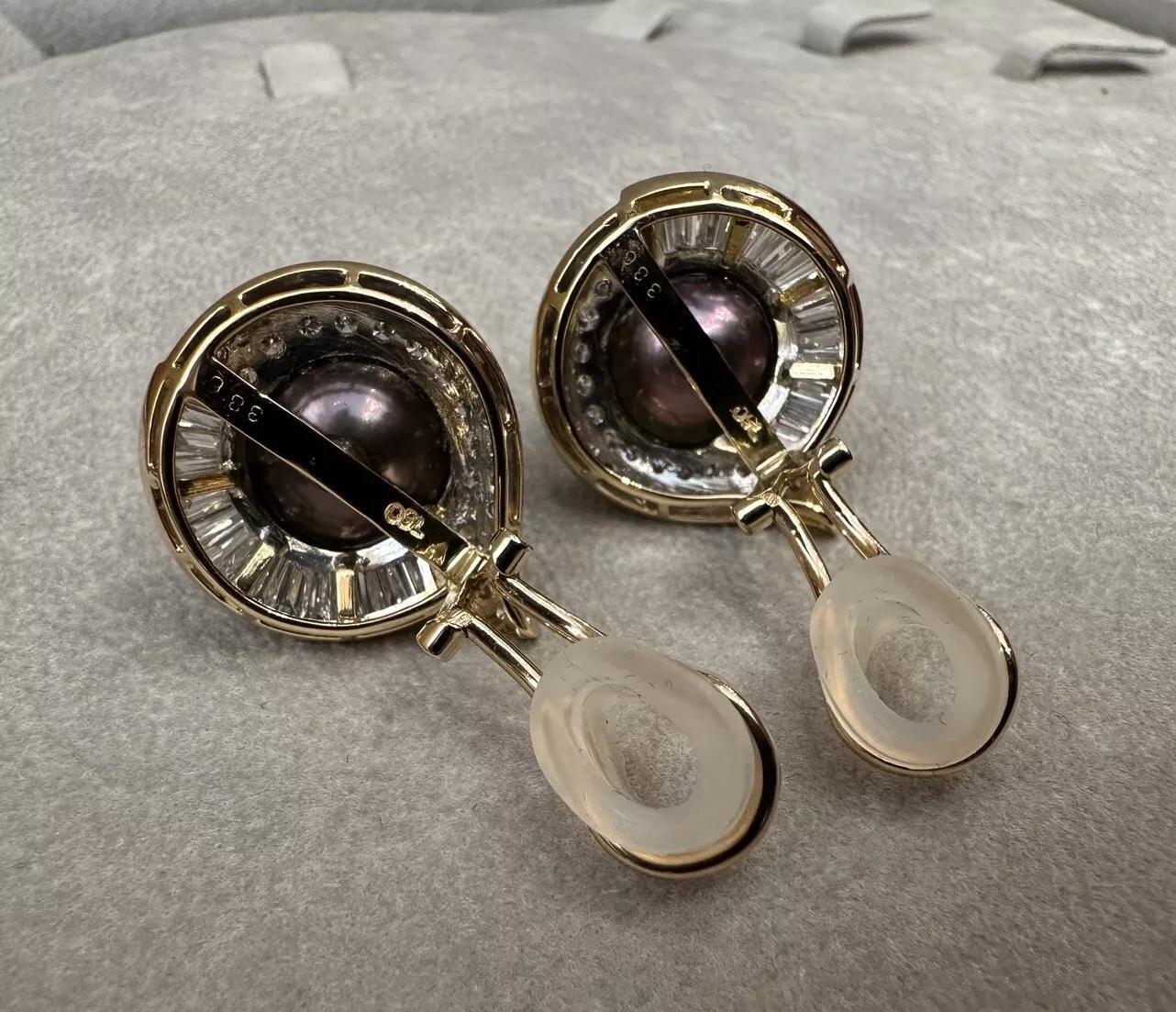 Black South Sea Pearl and Diamond Earrings in 18k Yellow Gold For Sale 1