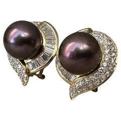 Black South Sea Pearl and Diamond Earrings in 18k Yellow Gold
