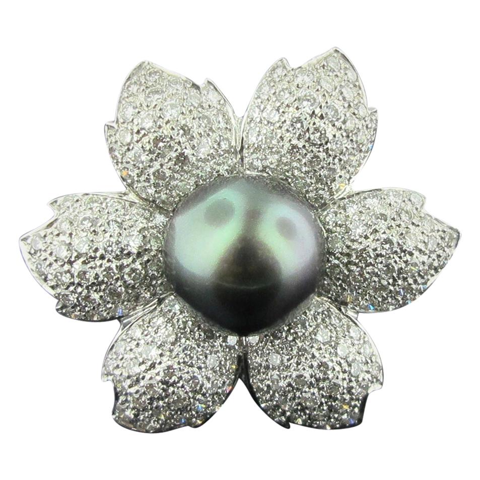 Black South Sea Pearl and Diamond Flower Design Ring in 18 Karat White Gold