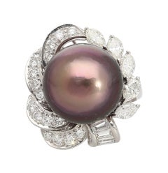 Black South Sea Pearl & Diamond 18K White Gold Floral Cluster Ring