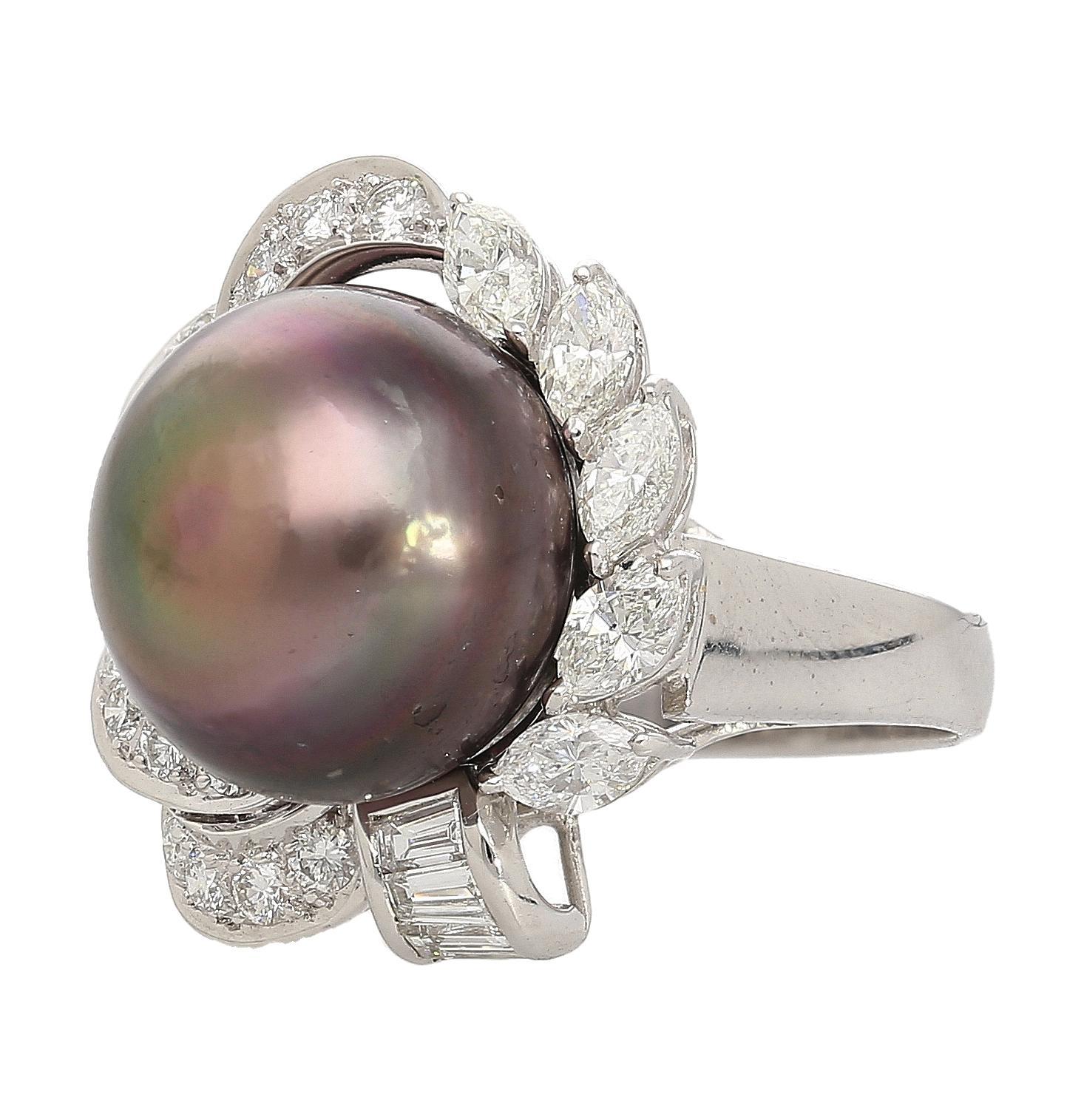 Modern Black South Sea Pearl & Diamond 18K White Gold Floral Cluster Ring For Sale