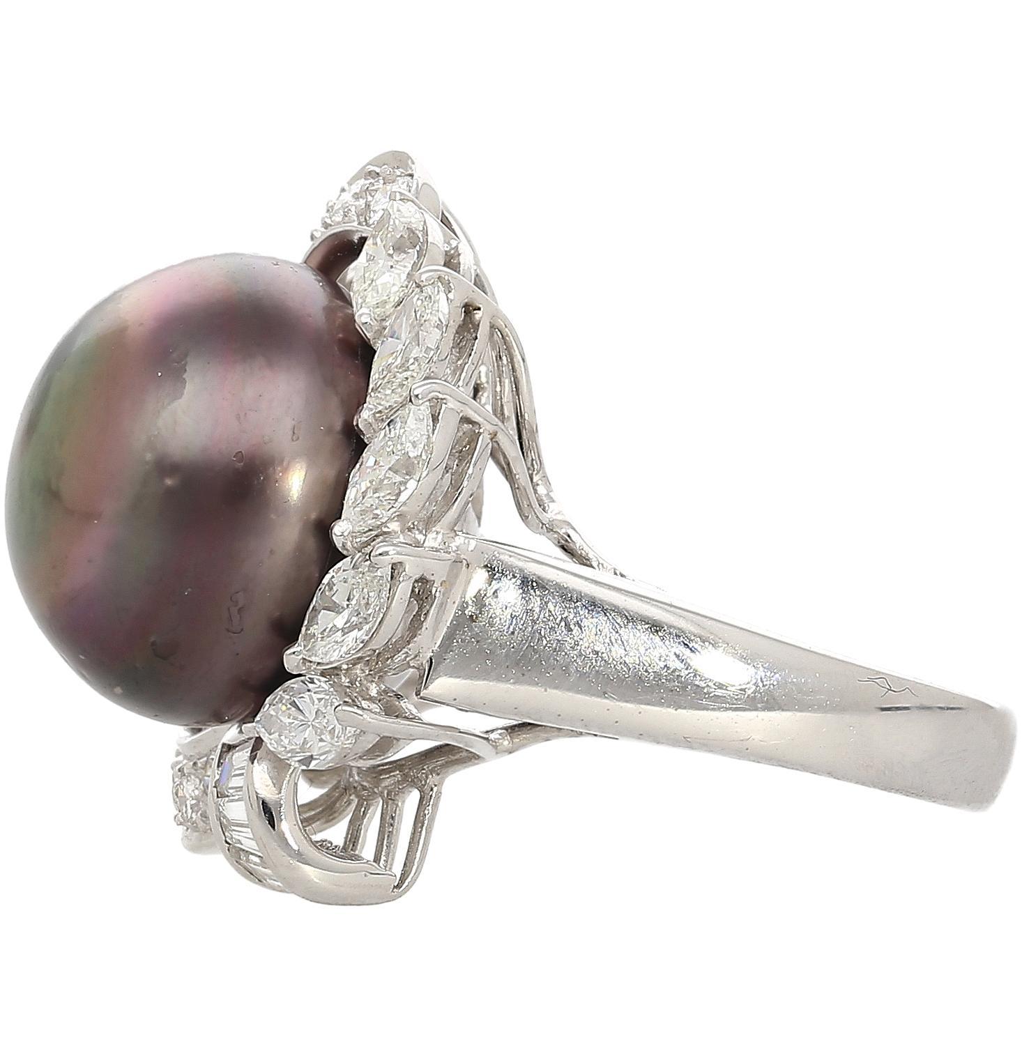 Mixed Cut Black South Sea Pearl & Diamond 18K White Gold Floral Cluster Ring For Sale