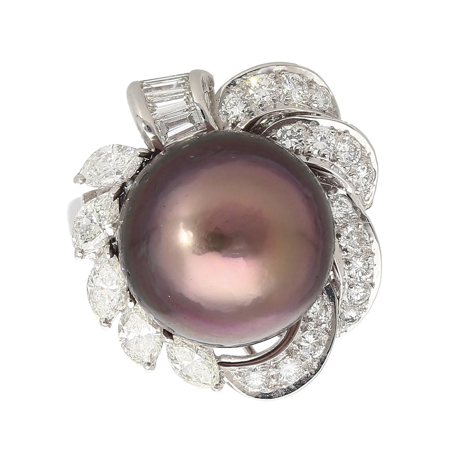 Women's Black South Sea Pearl & Diamond 18K White Gold Floral Cluster Ring For Sale