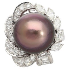 Black South Sea Pearl & Diamond 18K White Gold Floral Cluster Ring