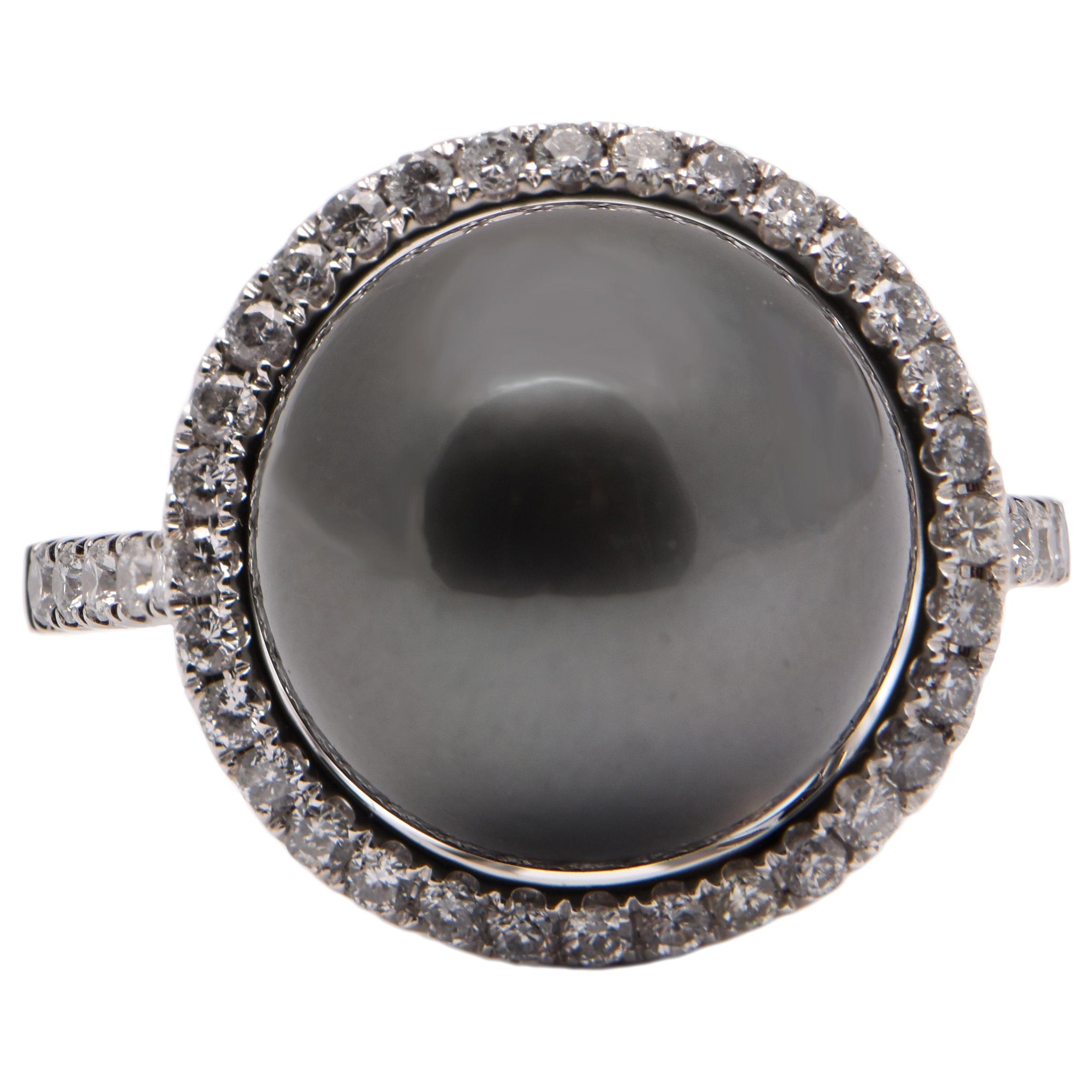 Black South Sea Pearl Ring With Diamond Halo in 18 Karat White Gold For Sale