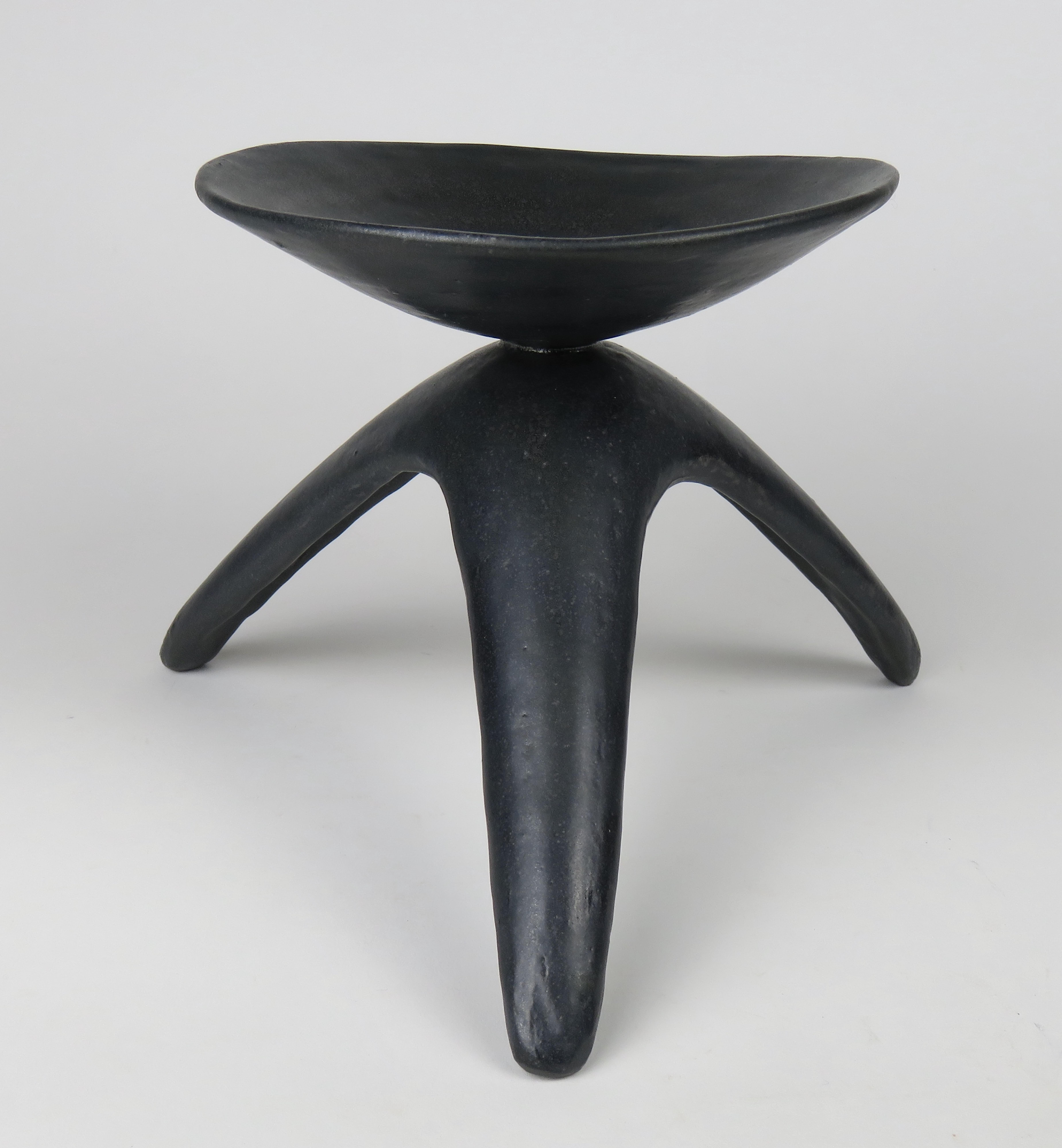American Black Speckle Glaze Chalice on Tripod Legs, Hand Built Ceramic Sculpture