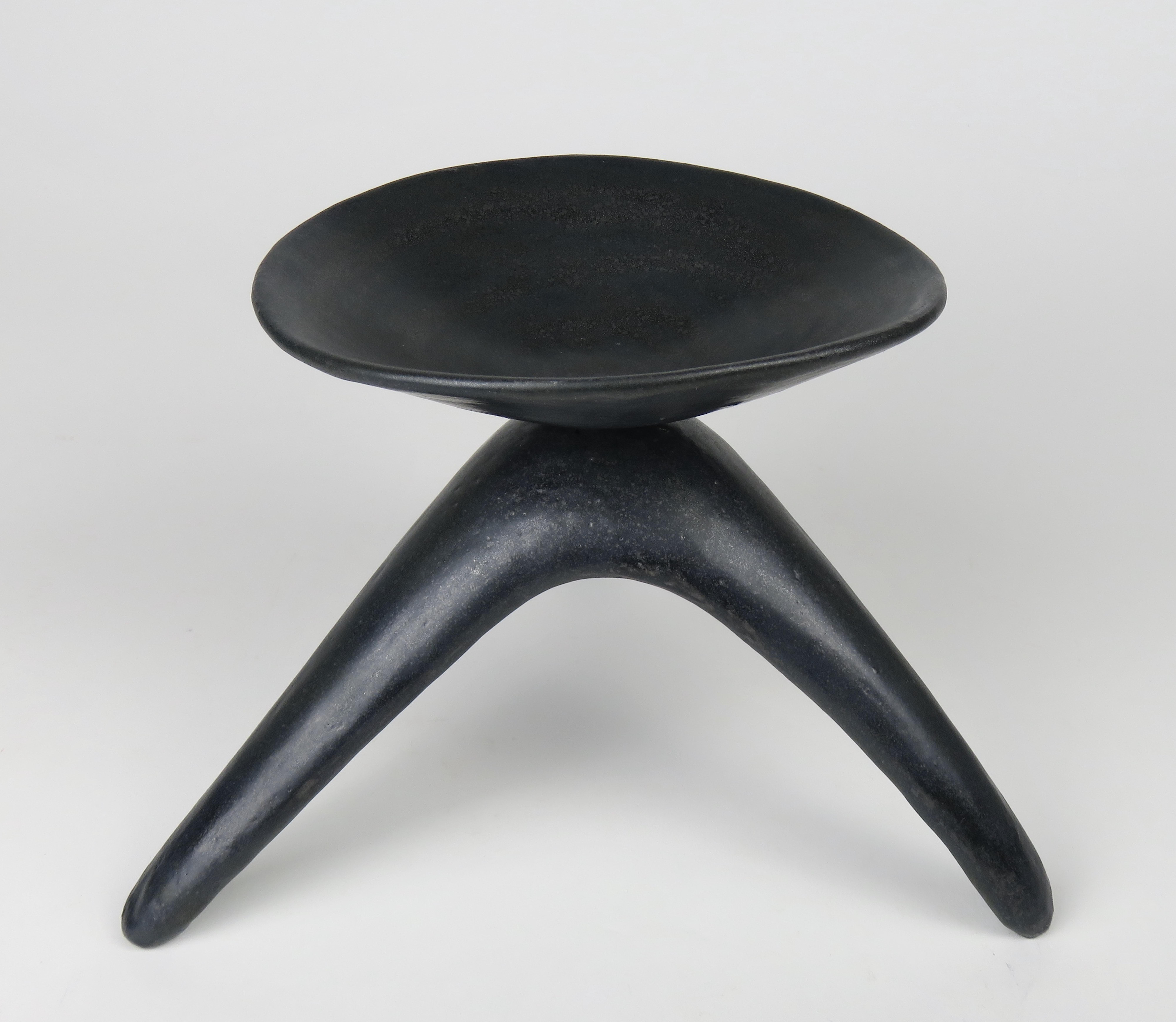 Glazed Black Speckle Glaze Chalice on Tripod Legs, Hand Built Ceramic Sculpture