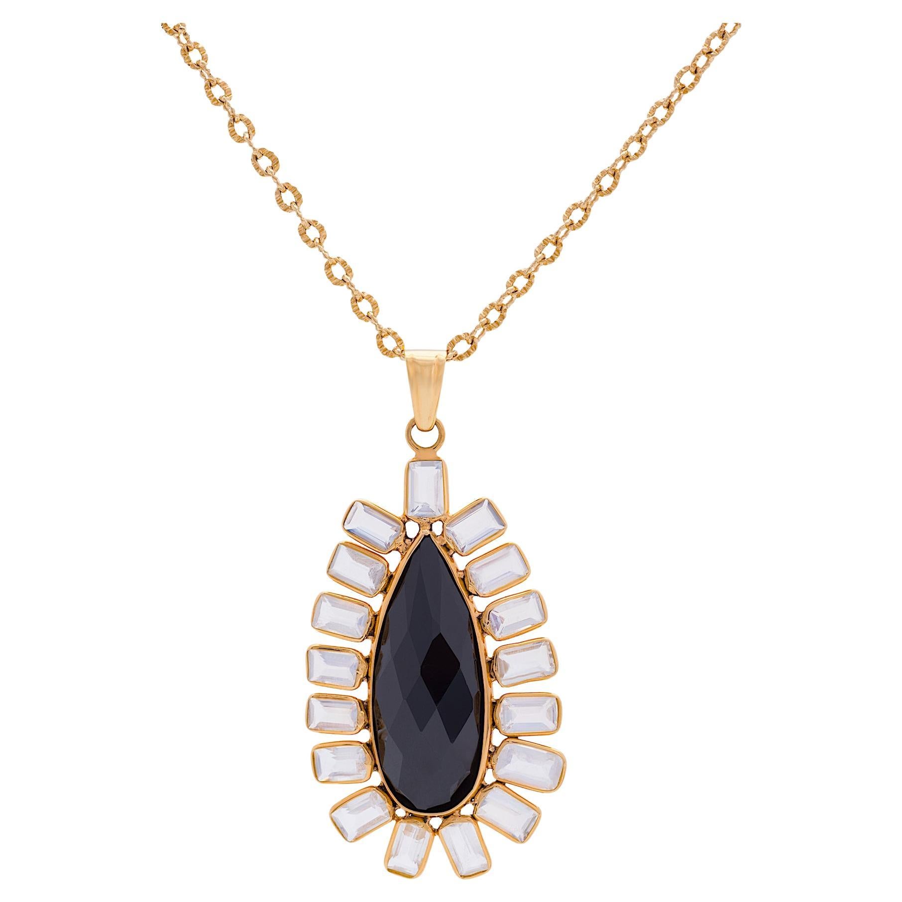 Black Spinal & Rainbow Moonstone Pendant In 18K Yellow Gold 