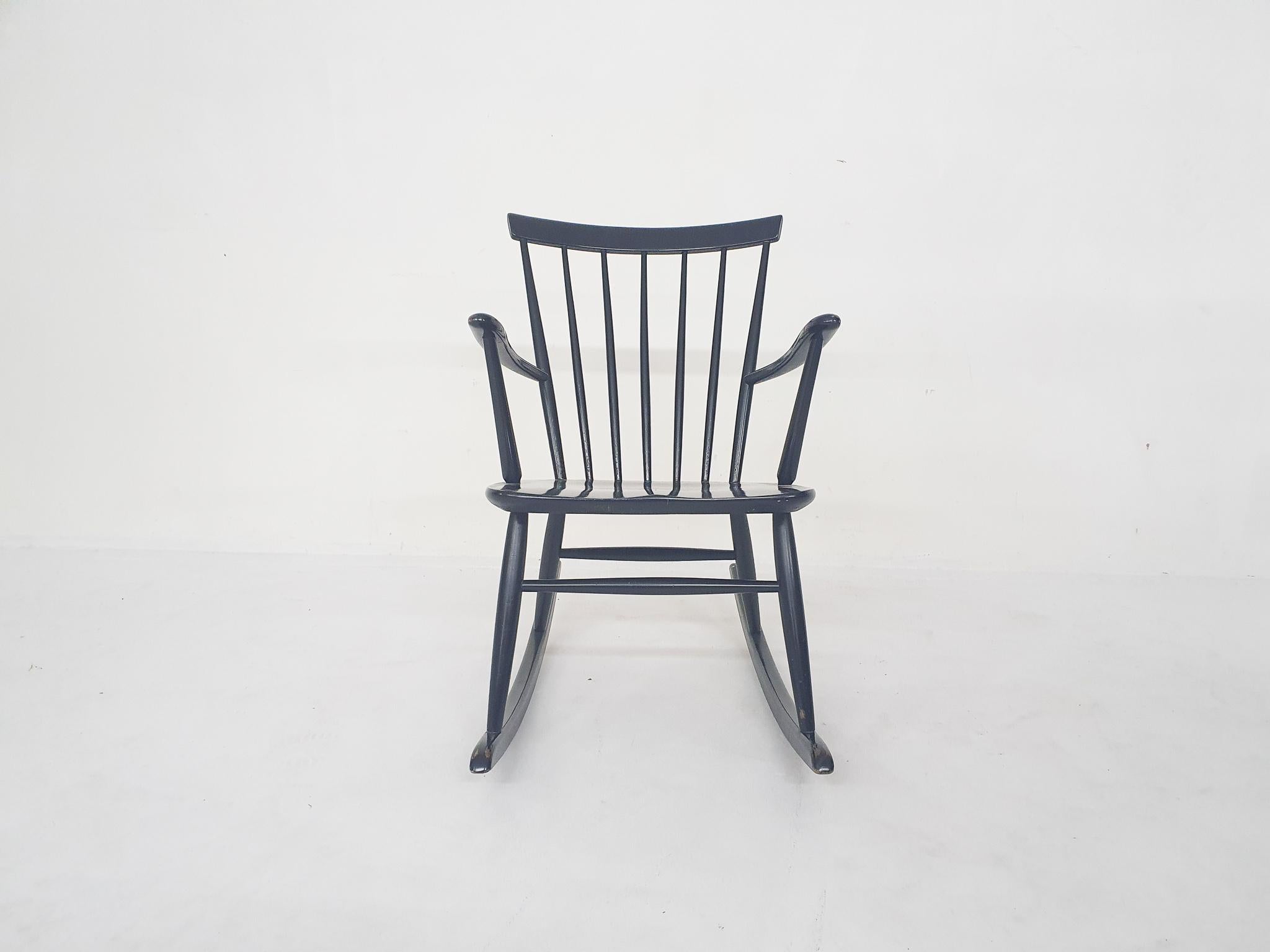 Scandinavian Modern Black spindle back rocking chair, Denmark 1960s For Sale