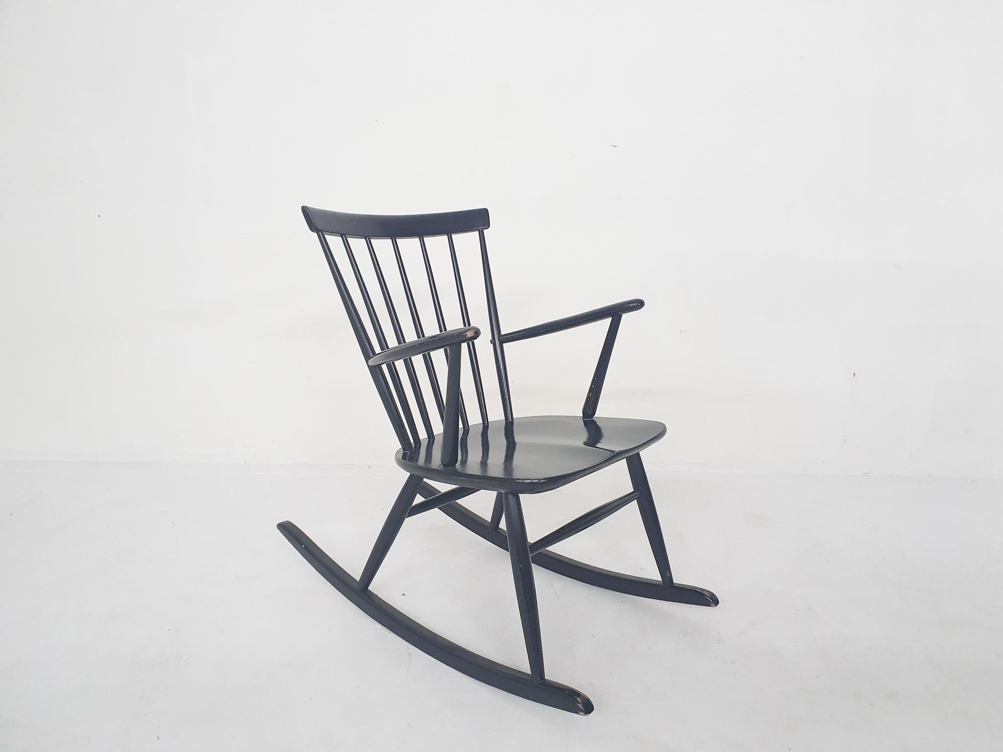 Danish Black spindle back rocking chair, Denmark 1960s For Sale