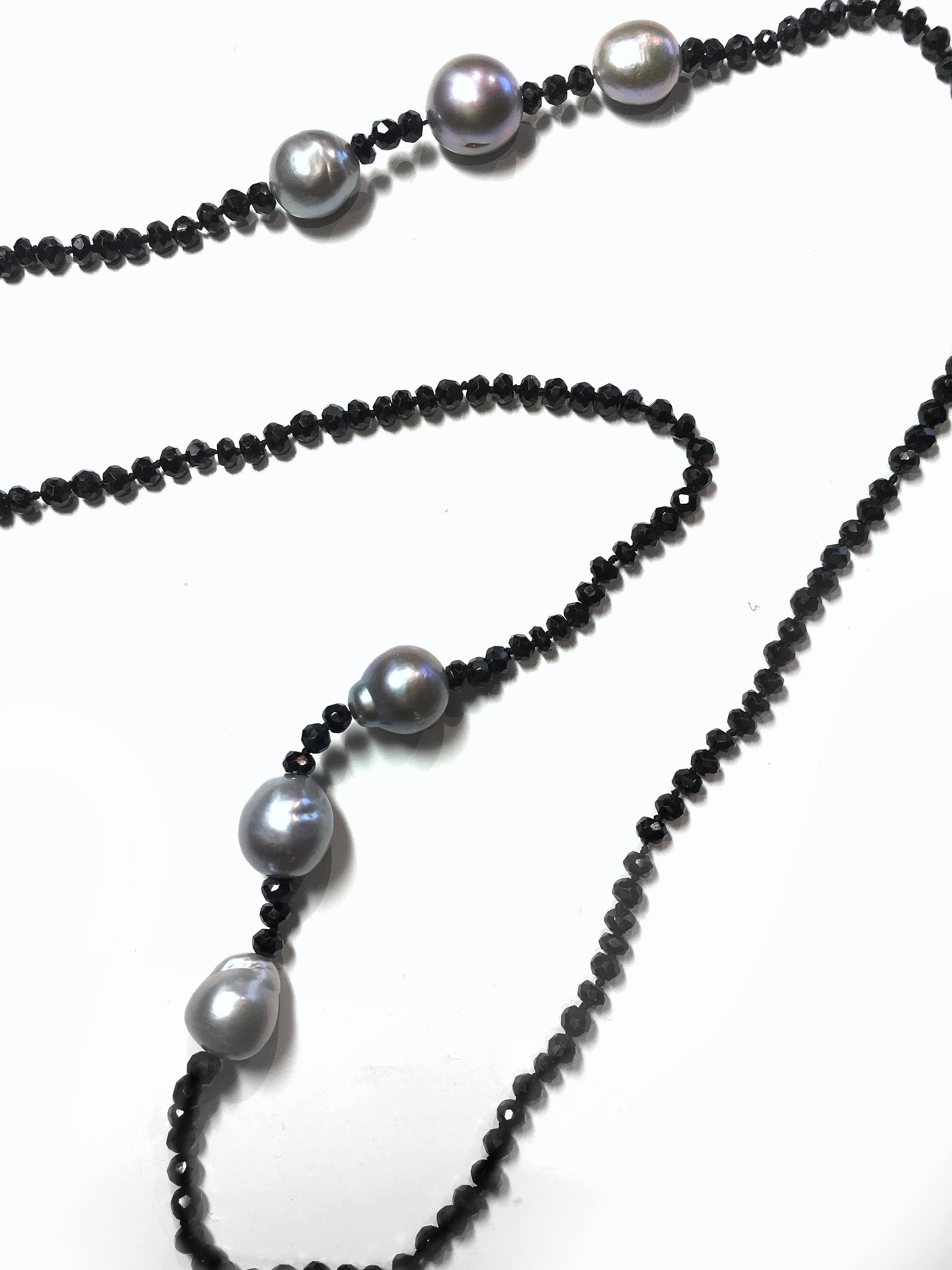 Bead Black Spinel and Grey Baroque Pearl Necklace For Sale