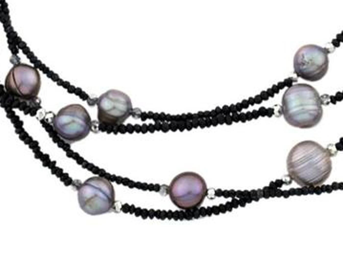 Sparkling Black Spinel and Cultured Pearls Necklace In New Condition In Raleigh, NC