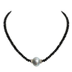 Black Spinel and Silver Blue Tahitian Pearl w/ Diamonds Paradizia Necklace N3978