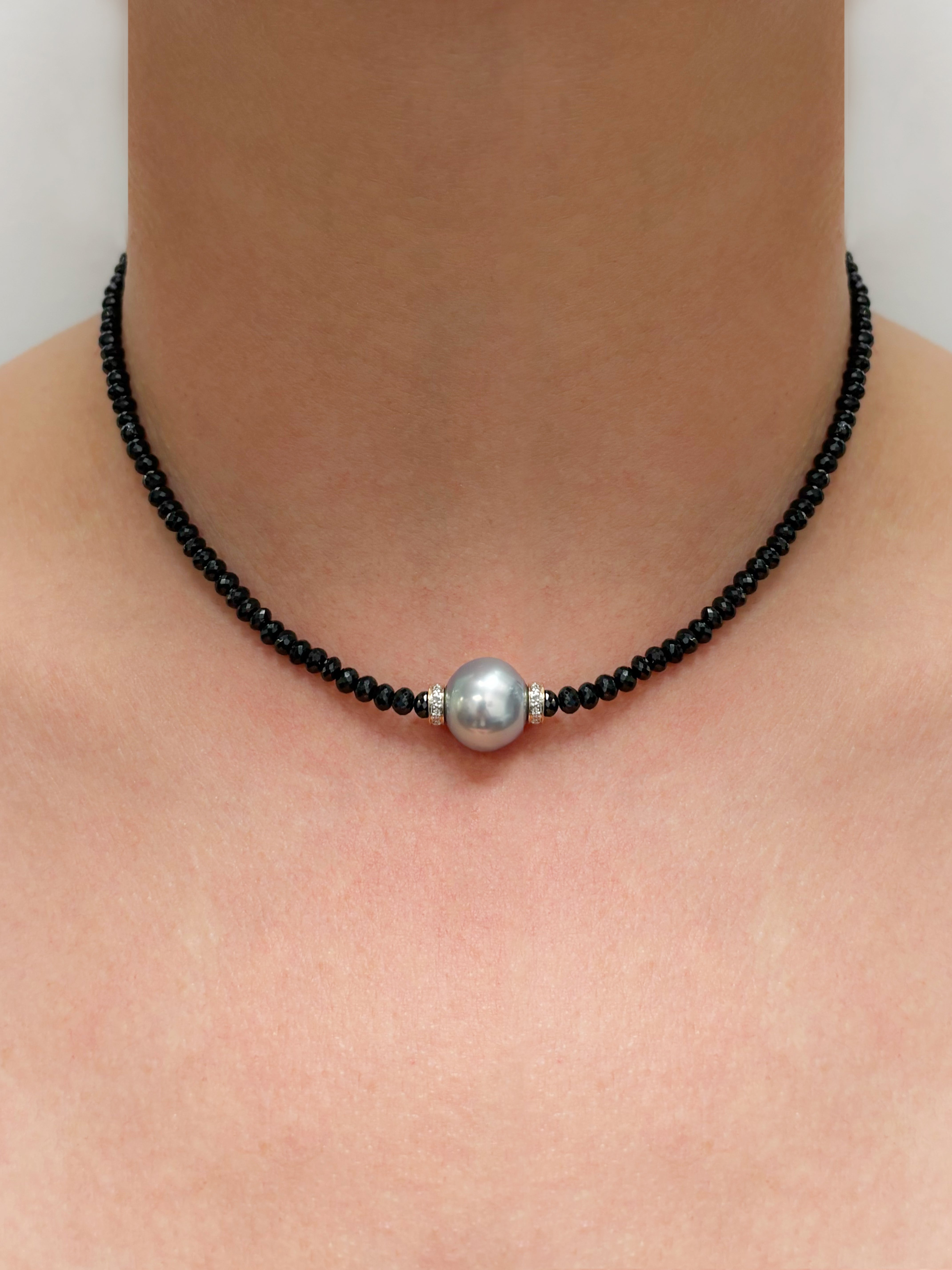 Black Spinel and Silver Blue Tahitian Pearl w/ Diamonds Paradizia Necklace N3978