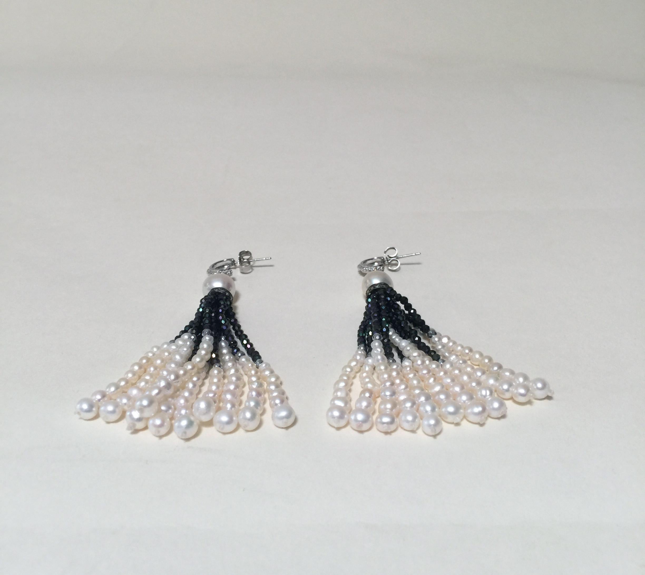 Artist Marina J Black Spinel and White Pearl Tassel Earrings with 14k White Gold  For Sale