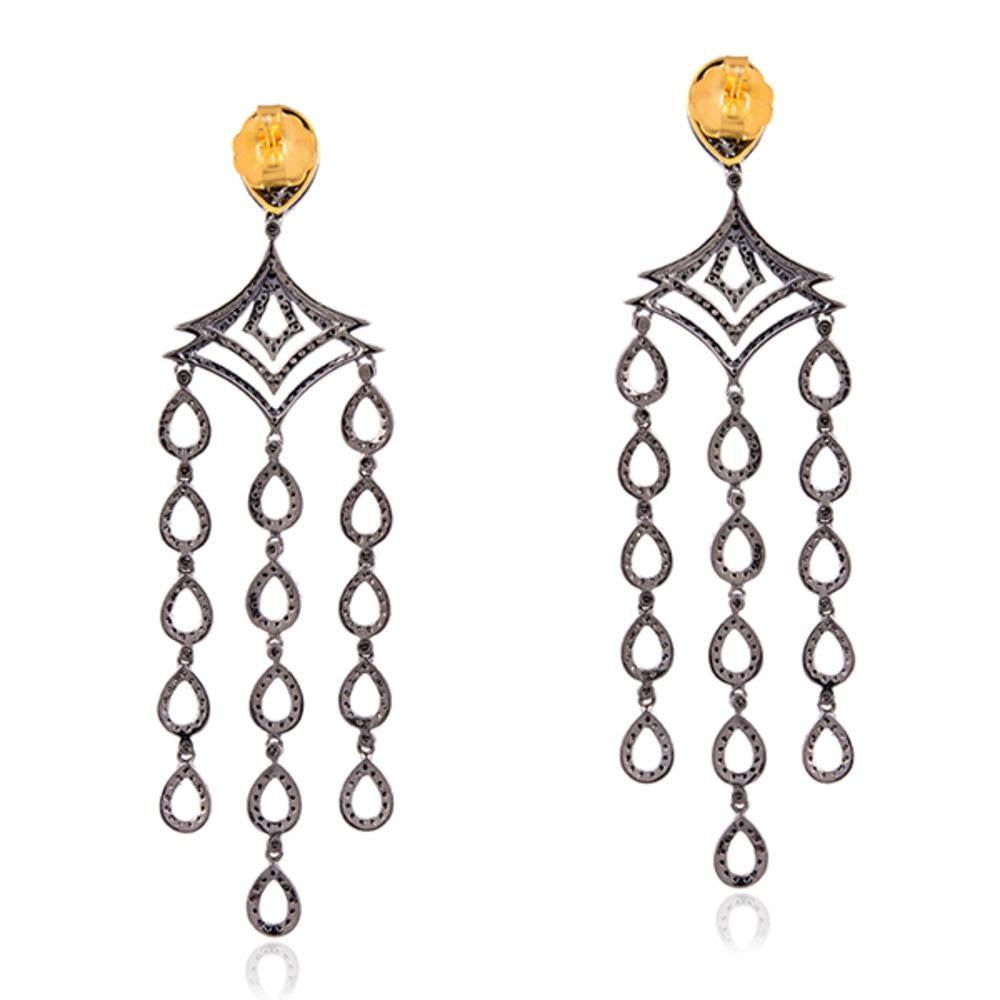 Artisan Black Spinel Chandelier Earrings with Diamonds Made in 18k Gold & Silver For Sale