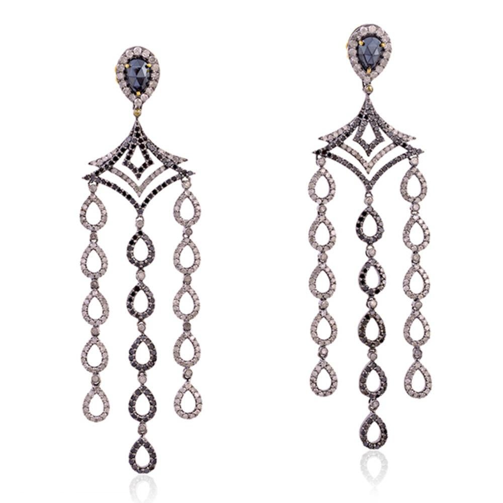 Mixed Cut Black Spinel Chandelier Earrings with Diamonds Made in 18k Gold & Silver For Sale
