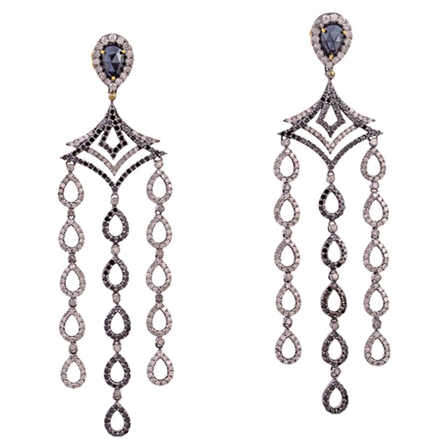 Schwarze Spinell-Chandelier-Ohrringe mit Diamanten aus 18 Karat Gold und Silber