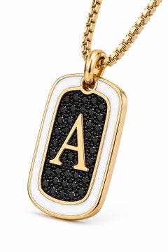 Black Spinel Custom Initial Dog Tag Pendant White Enamel 14K Gold Meghna Jewels