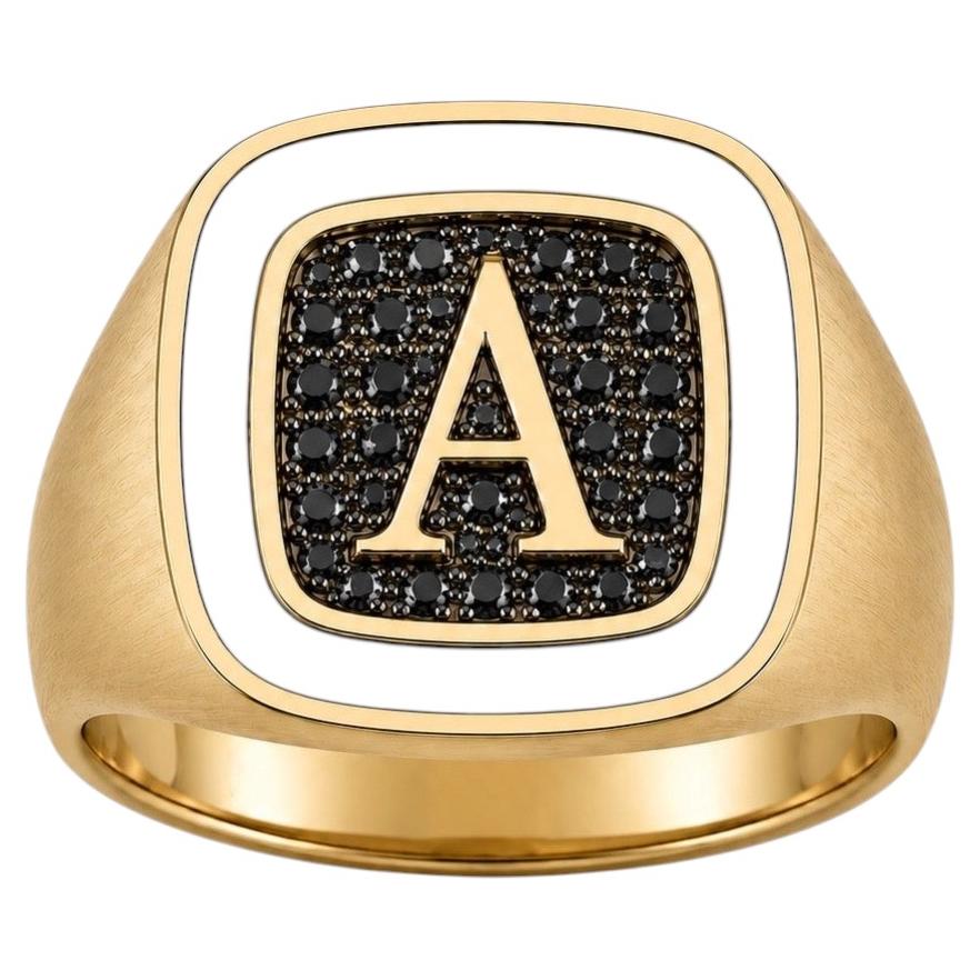 For Sale:  Black Spinel Custom Initial Signet Ring White Enamel 14K Gold by Meghna Jewels