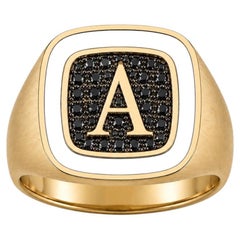 Black Spinel Custom Initial Signet Ring White Enamel 14K Gold by Meghna Jewels
