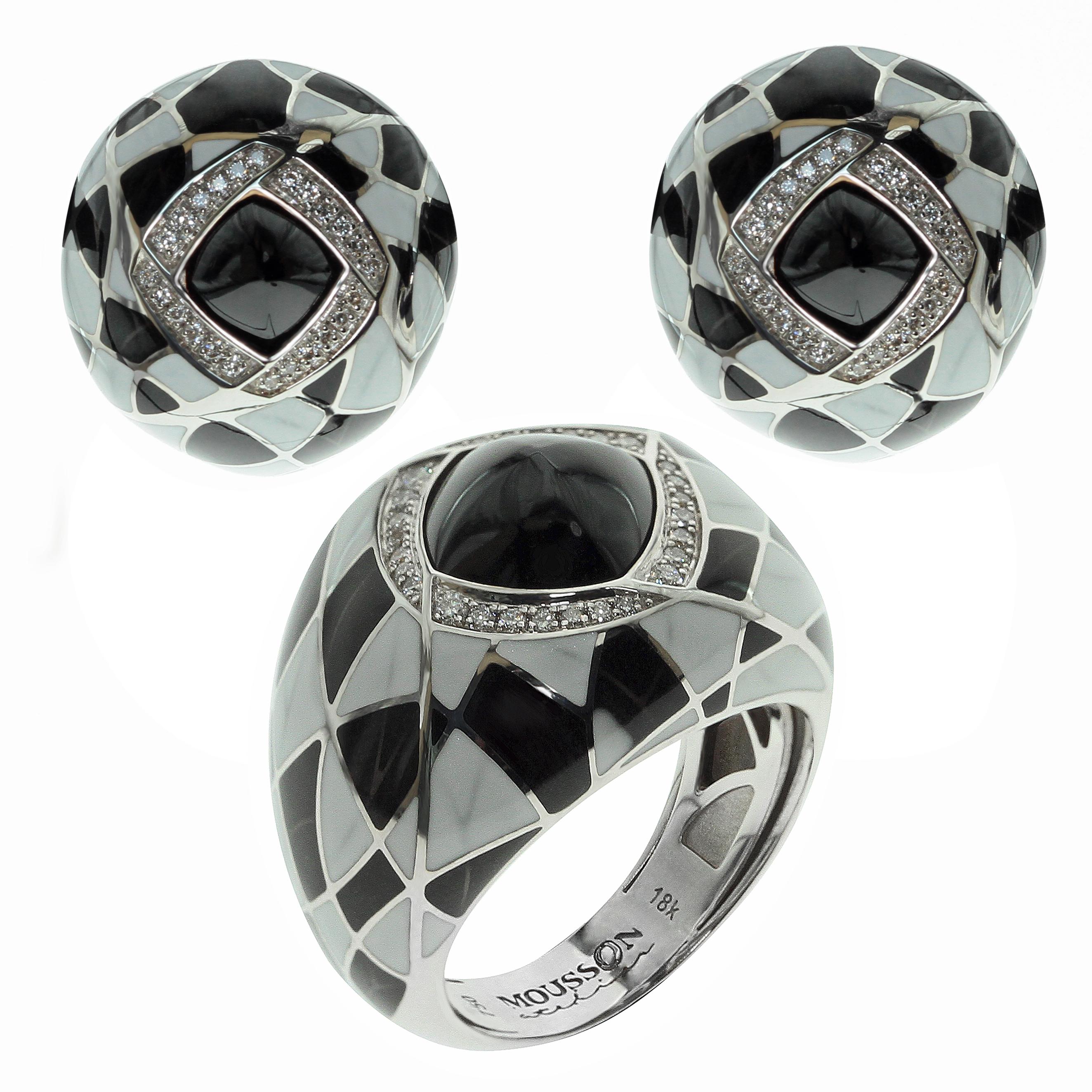 Black Spinel Diamond Enamel 18 Karat White Gold Ring Earring Suite For Sale