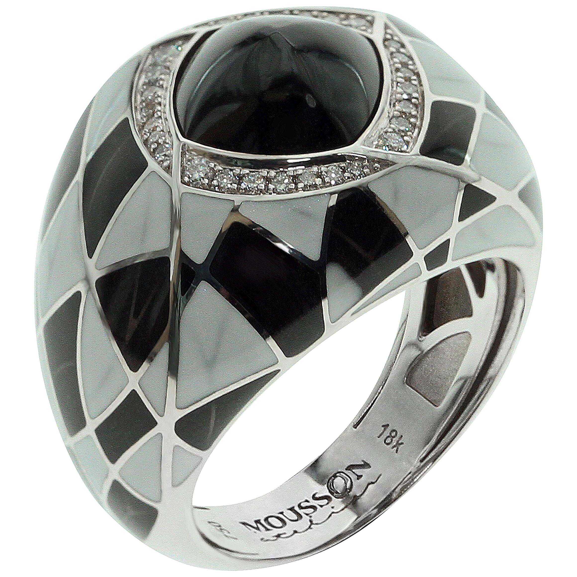 Black Spinel Diamond Enamel 18 Karat White Gold Ring For Sale