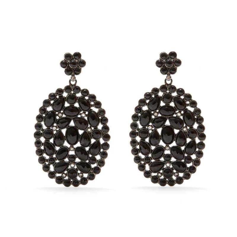 Black Spinel and Diamonds in beautiful oval drop earrings.

- Natural black spinel.
- White diamond weight approx 1.16 carats.
- Set in blackened oxidized silver.
- 18 karat gold posts.
- Width approx 26 mm  Drop approx 48 mm.
- Convertible to clips