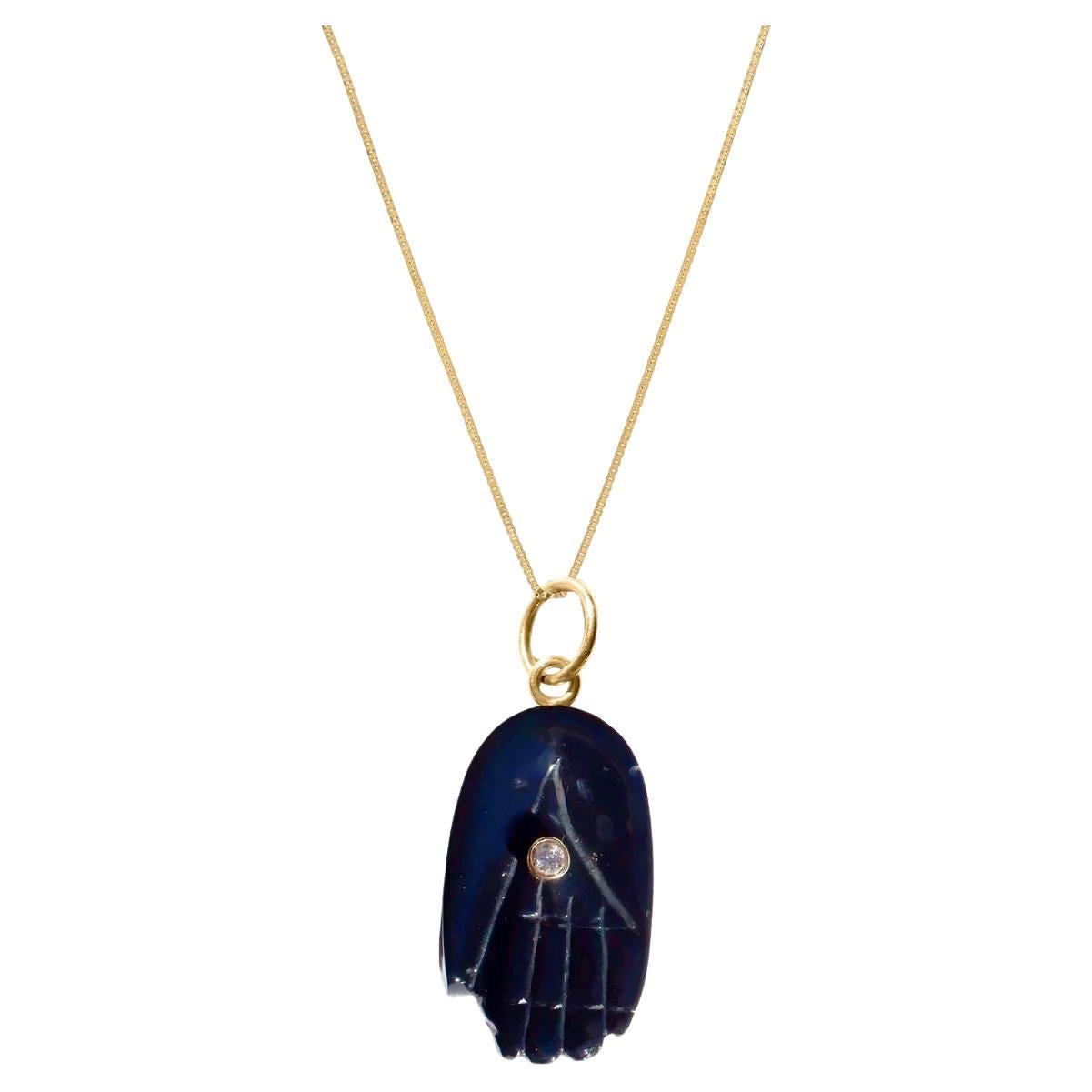 Black Spinel Gold Diamond Hamsa Pendant For Sale