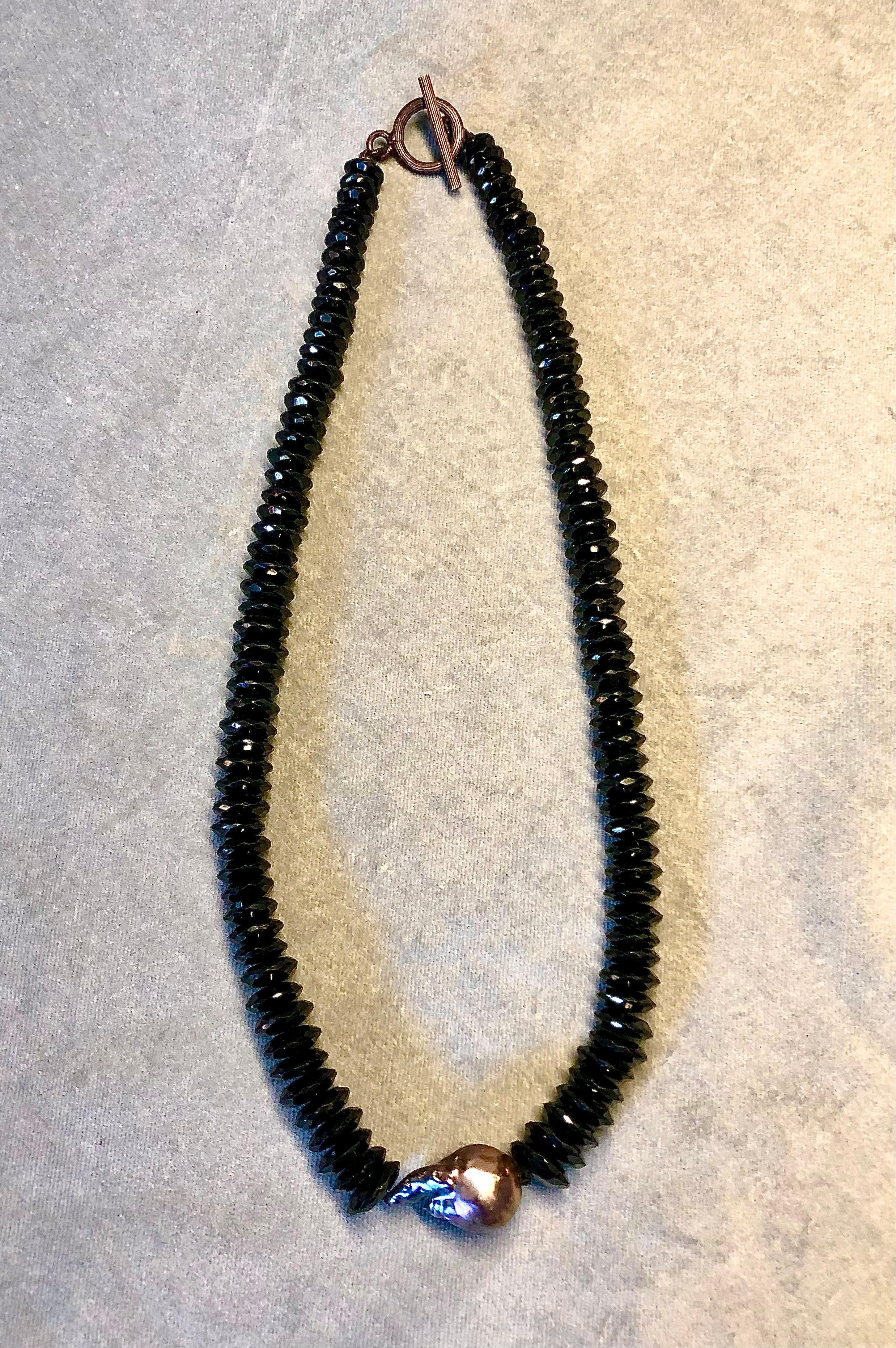 Bead Black Spinel Necklace with freshwater cultured grey pearl center For Sale