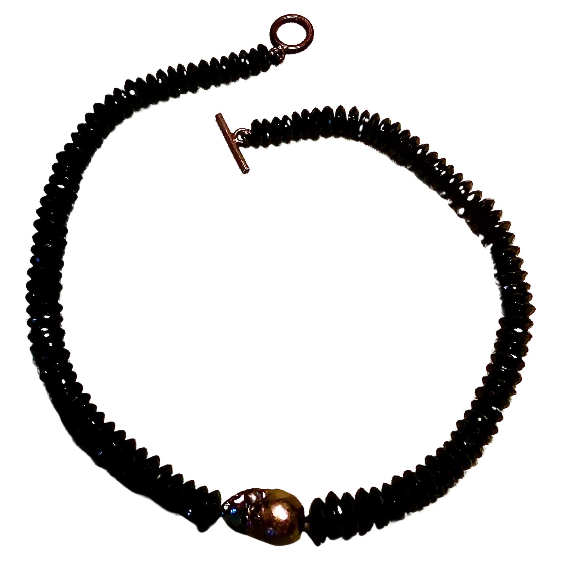 Black Spinel Necklace with freshwater cultured grey pearl center For Sale