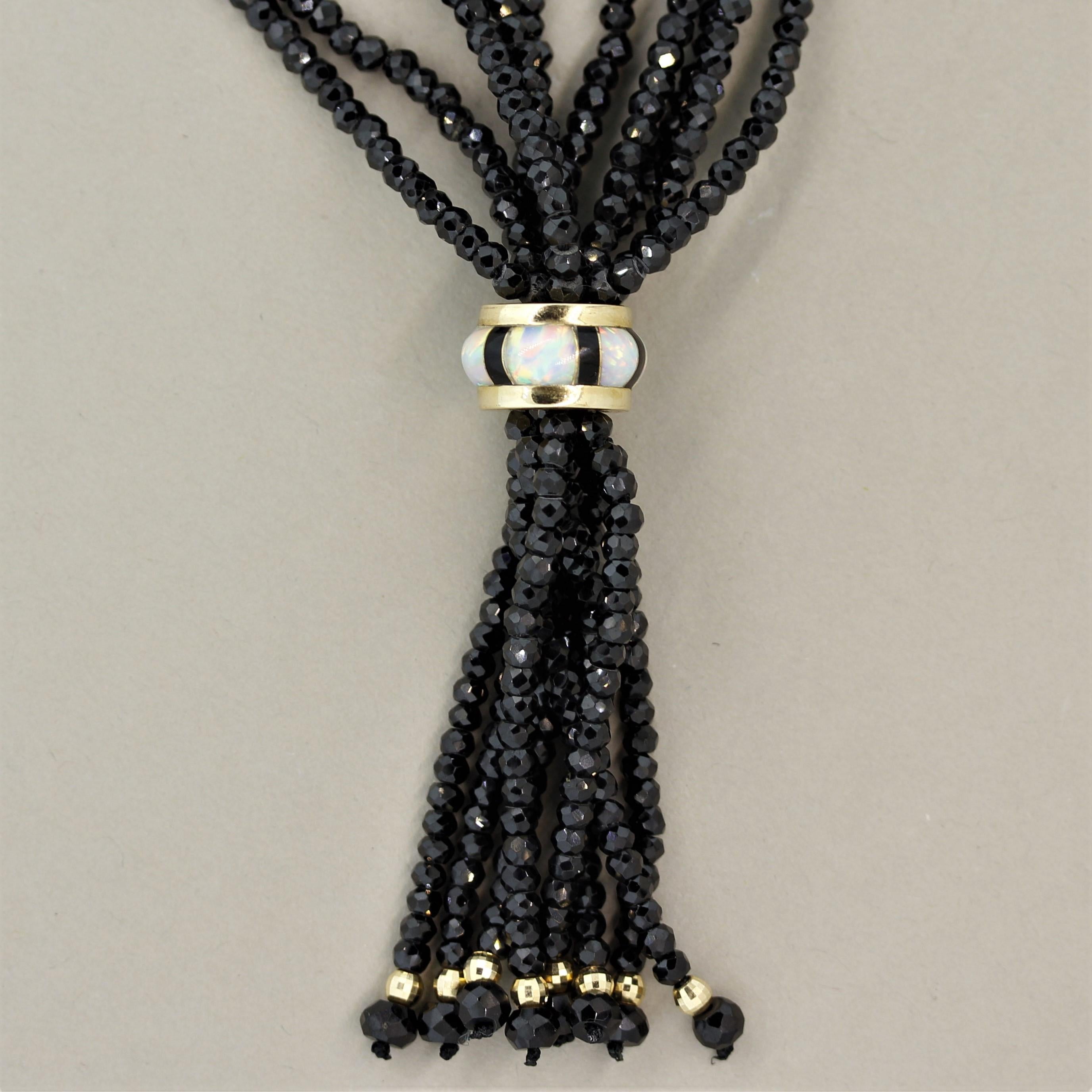 Mixed Cut Black Spinel Opal Gold Bead Necklace