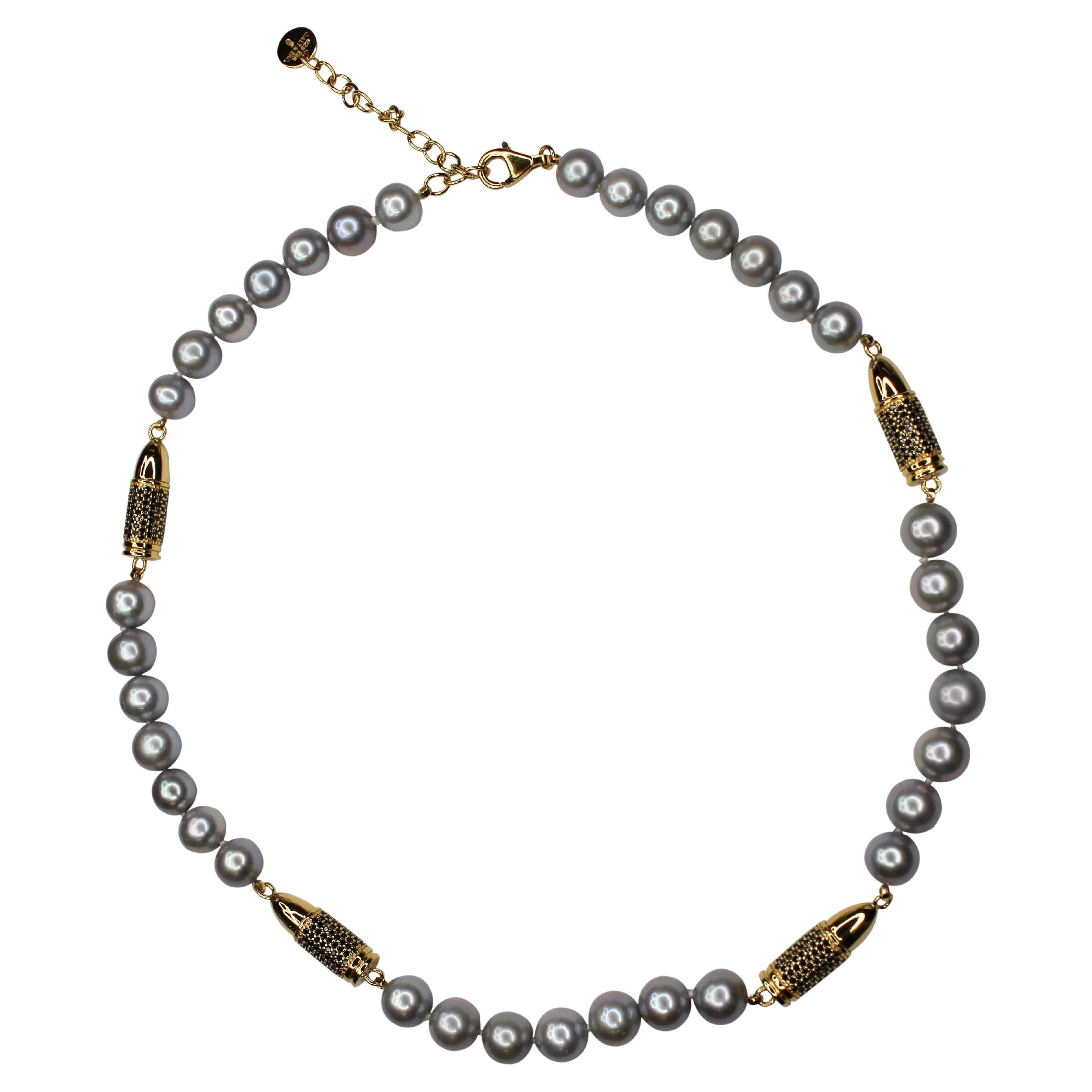 Collier en argent Vermeil avec Spinelle Noire Pave Or Bullet Rocket Perle Grise