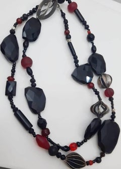Black Spinel , Red Glass and unique silver beads necklace