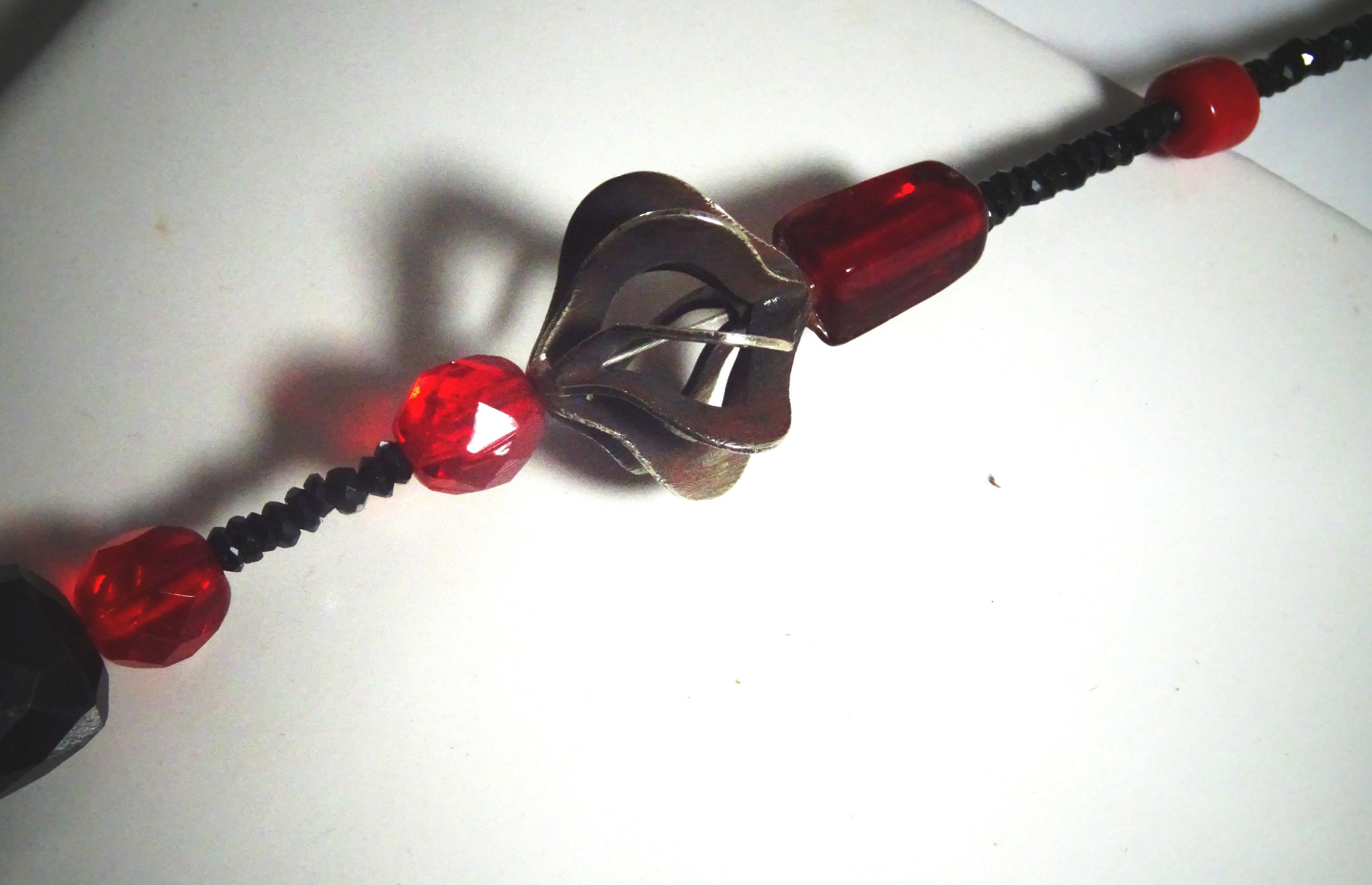 Artist Black Spinel , Red Glass and unique silver beads necklace For Sale