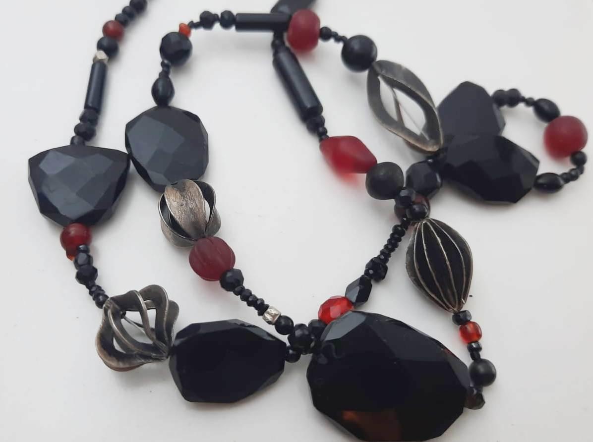Bead Black Spinel , Red Glass and unique silver beads necklace For Sale