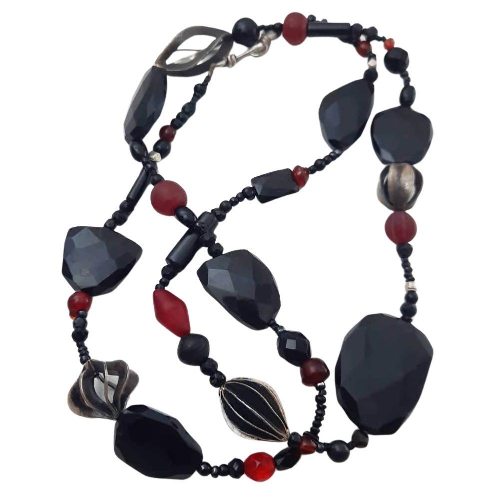 Black Spinel , Red Glass and unique silver beads necklace For Sale