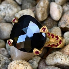 Freeform & Rose Cut Black Spinel in 18 Karat Yellow Gold & Ruby Cocktail Ring