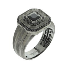 Black Spinel Sapphire 18 Karat Black Gold Male Tweed Texture Ring