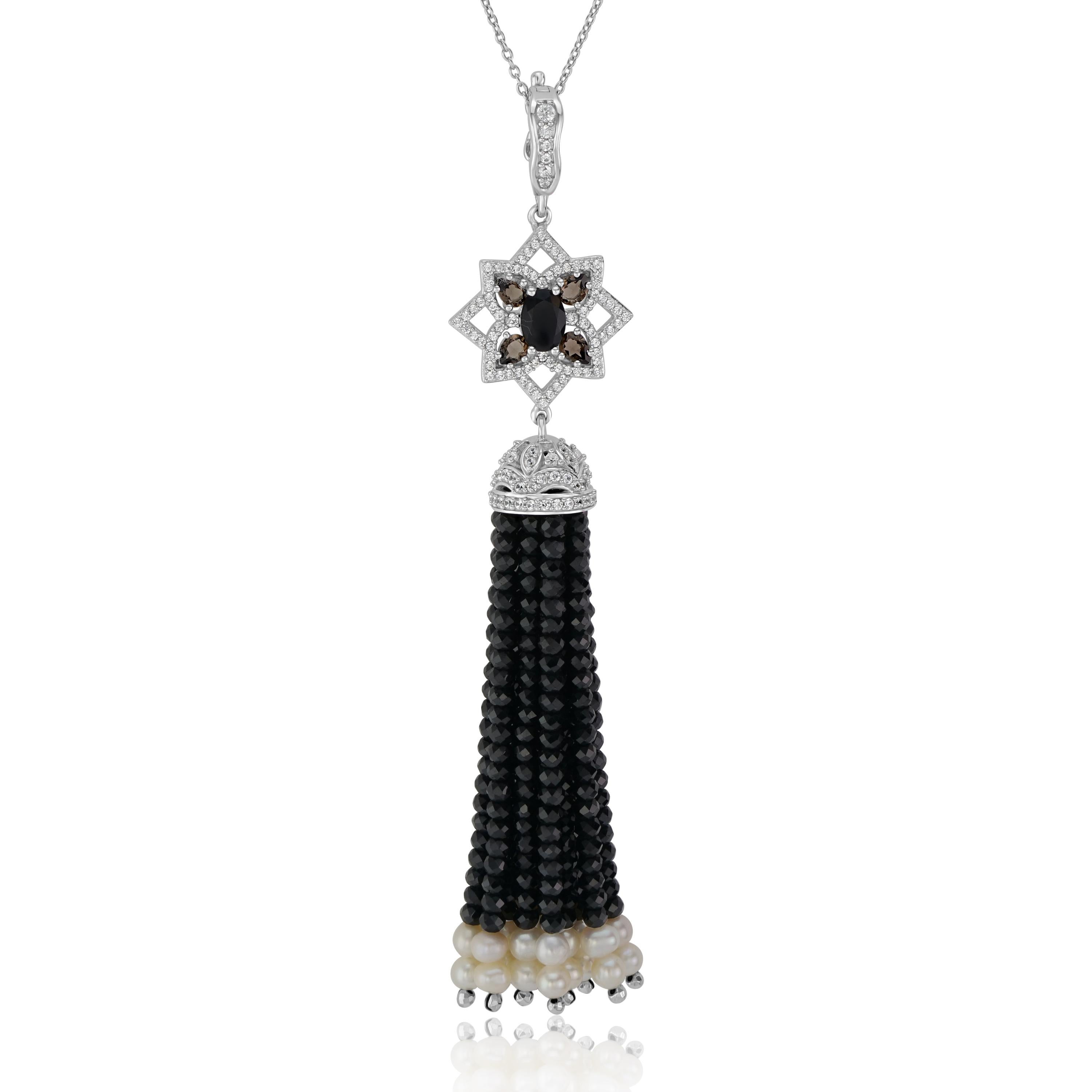 A necklace to go with your favorite earrings.This women's tassel necklace is featured with black spinal beads and freshwater pearls accompanied by white natural zircon and smoky quartz. Crafted in genuine and nickel free 925 sterling silver.