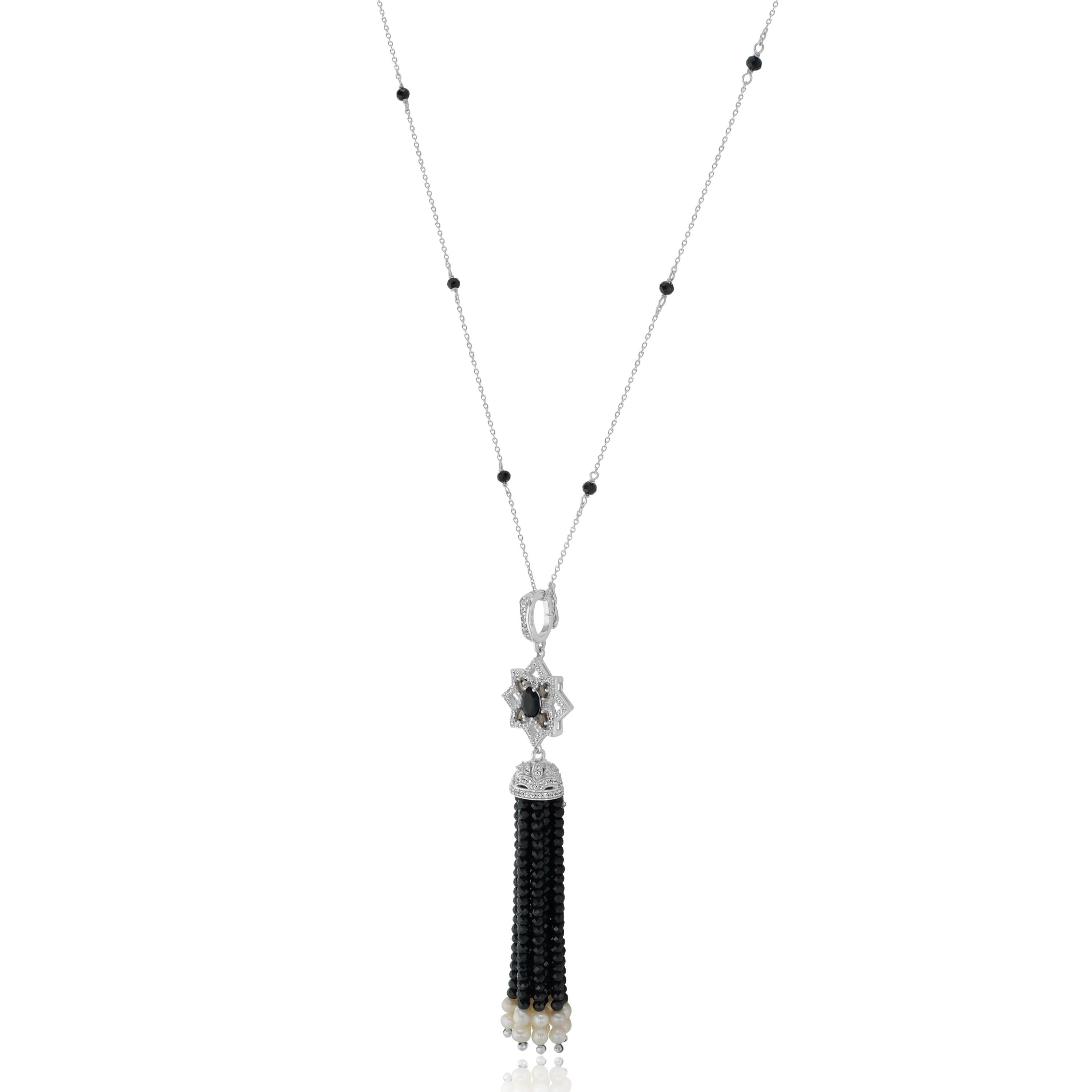 Modern 925 Sterling Silver Black Spinel Beads and Freshwater Pearl Tassel Necklace