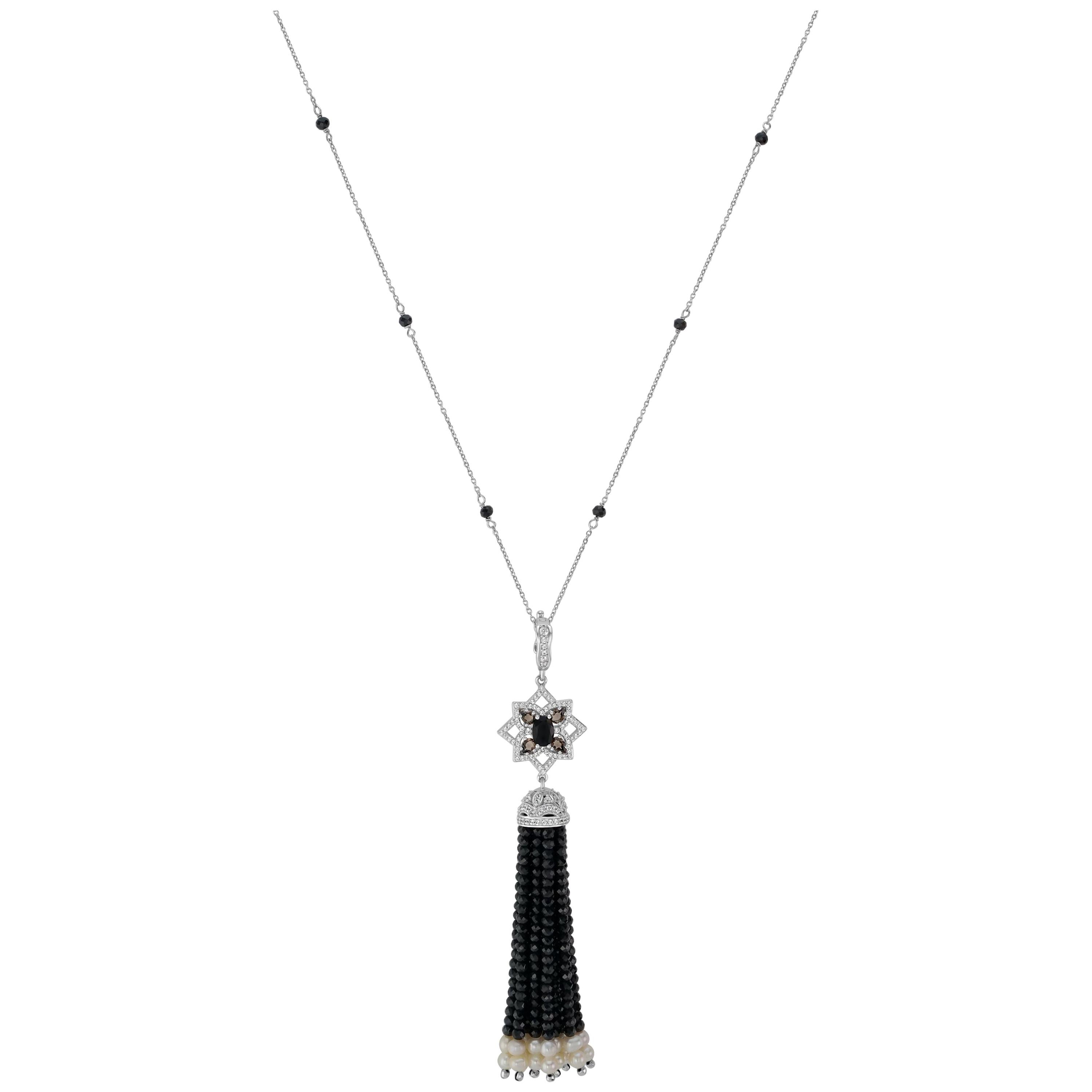925 Sterling Silver Black Spinel Beads and Freshwater Pearl Tassel Necklace