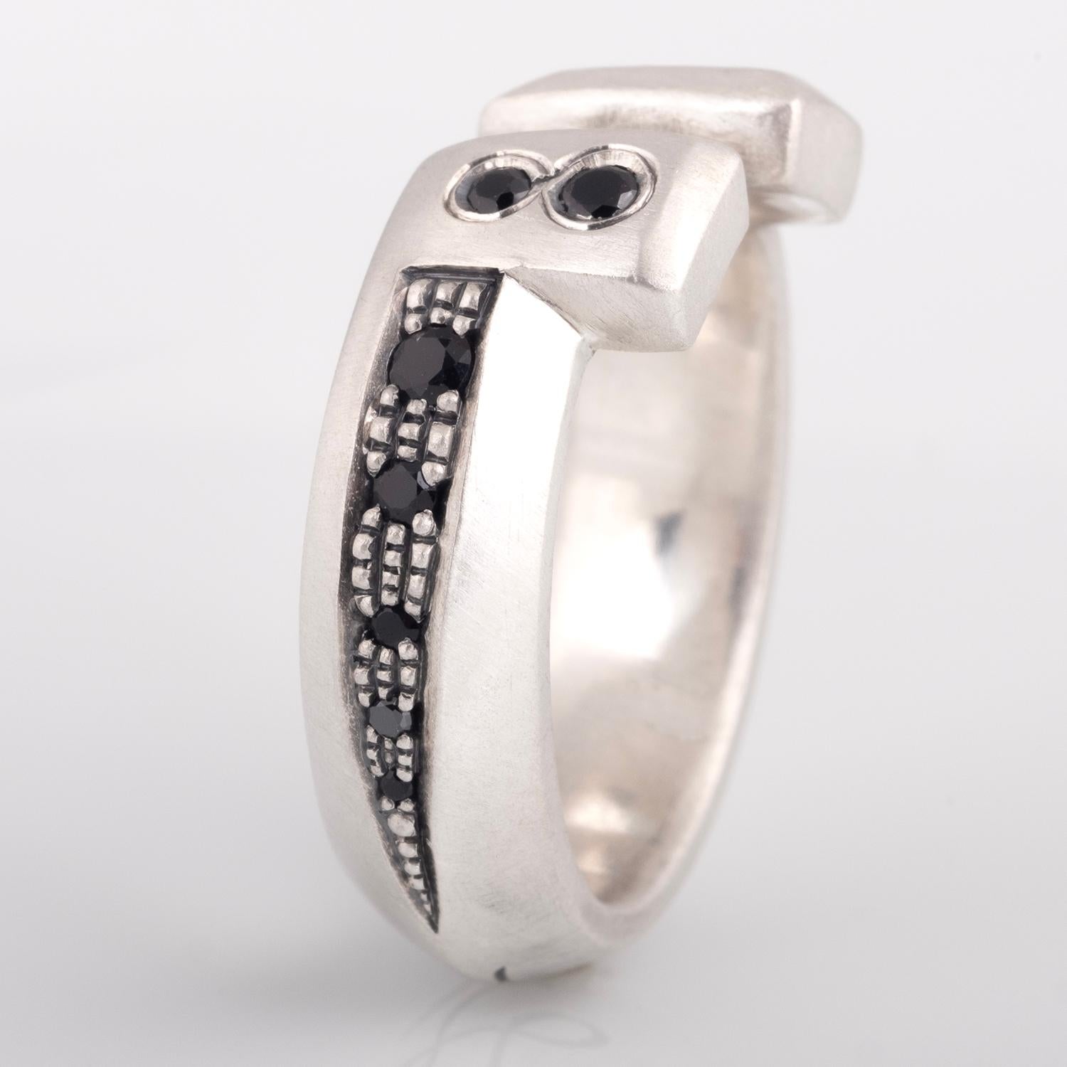 Women's or Men's Black Spinel Sterling Silver Lucky Horseshoe Ring For Sale
