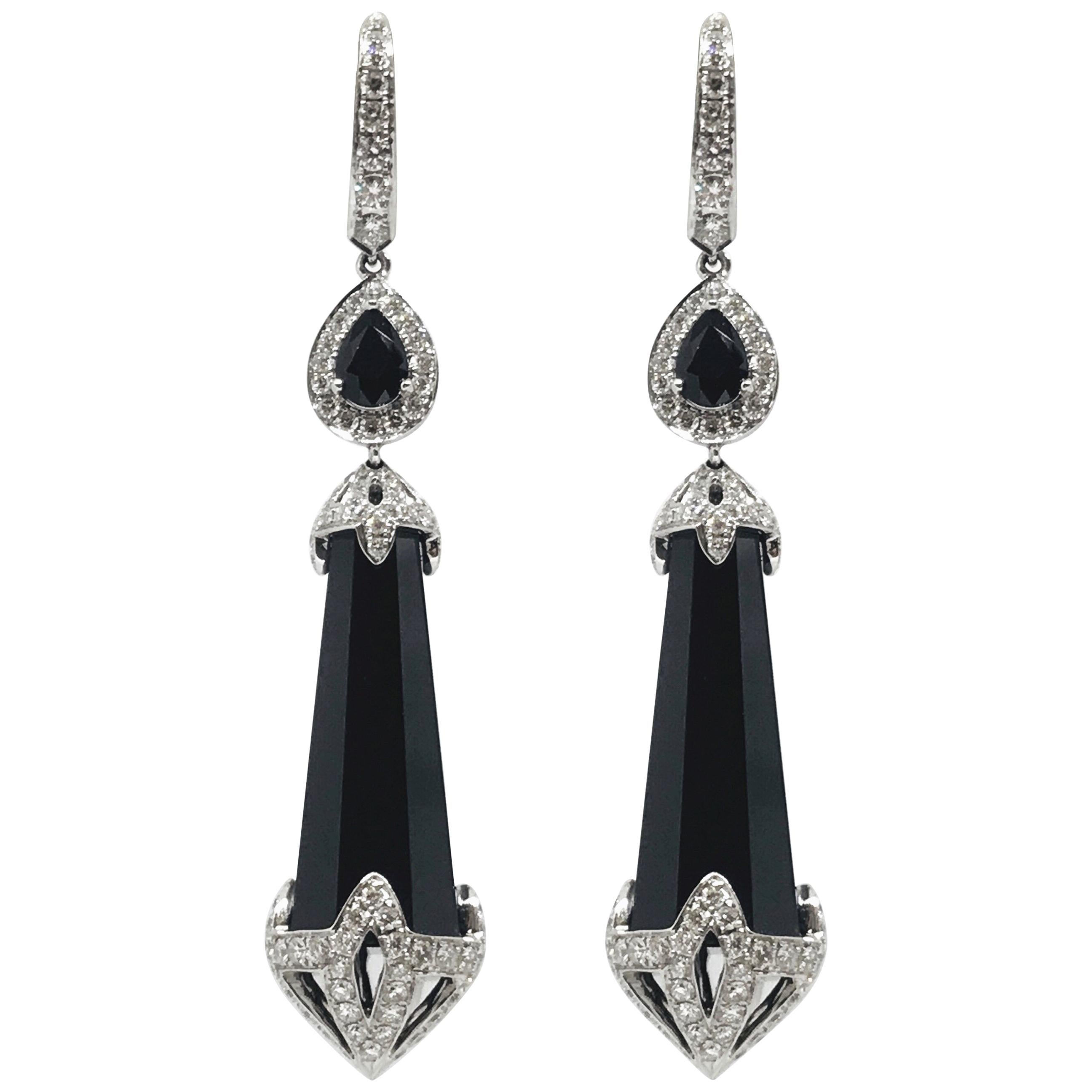 Black Spinel White Diamond White Gold Drop Earrings For Sale