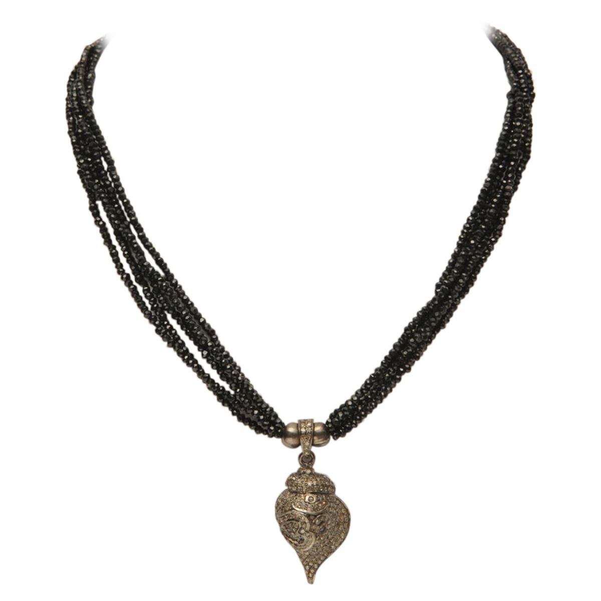 Black Spinel with Diamond Conch Shell Pendant with Buddhist Om