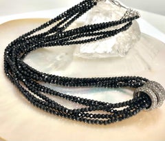 Black Spinel with Floating Pave Diamond Rings 5 Strand Necklace N3819